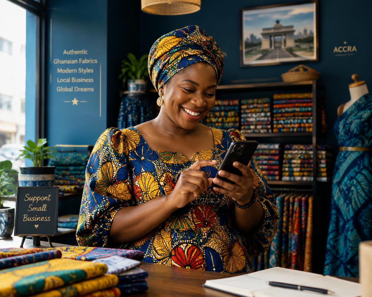 A Ghanaian shop owner using her phone in her fabric store